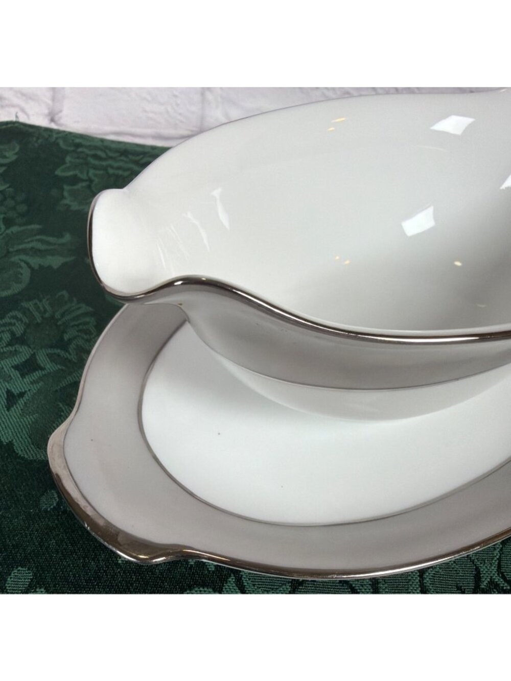 VTG Sango Platina 9in Gravy Sauce Boat Attached Underplate White Platinum Japan - Picture 9 of 14